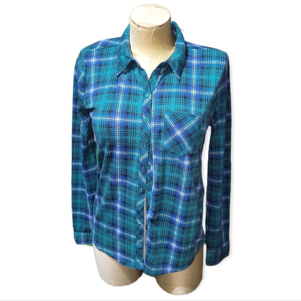 DEREK HEART Flannel Plaid Lightweight Button Down Shirt Medium Blue/Green